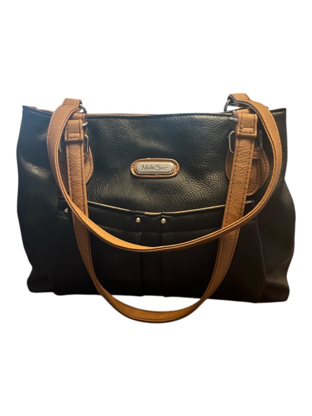 MultiSac Black & Brown Faux Leather Tote Bag Shoulder Purse Multi Pocket Handbag